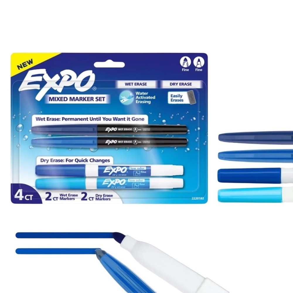 Expo Mixed Marker Set 4 Count Lot of 2:Wet Erase 2 Dry Erase Fine Tip Blue Black